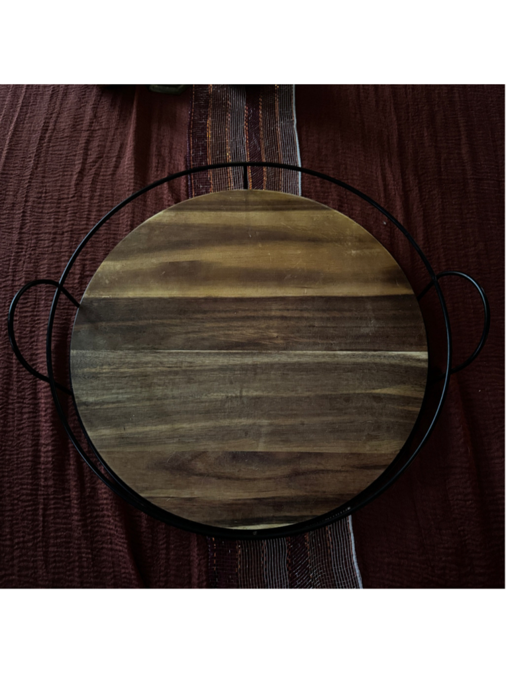 Crofton Round Wood Serving Tray with Black Metal Handles | 16”